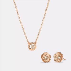 NWT COACH Open Circle Necklace And Tea Rose Stud Earrings Set